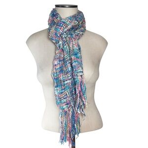 Boucle Jewel Tone and Pastel Tassel Edge Spring Scarf 66 in x 12 in Preppy EUC